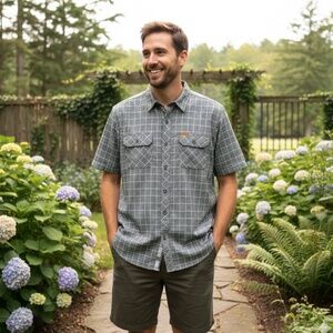 ORVIS Mens Large Gray White Windowpane Short Sleeve Button Up Shirt UPF30 JJ1